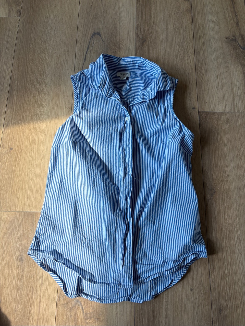J. Crew Blue and White Striped Sleeveless Button-Down Shirt